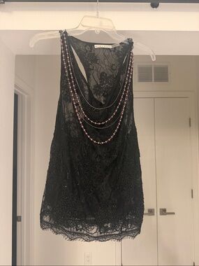 Alice + Olivia Black Lace Racerback Tank with Pewter Beaded Chains